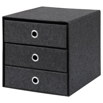 Black fabric storage chest with three drawers and metal handles.