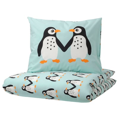 Penguin-themed kids bedding, aqua blue, cotton-viscose, duvet & pillow, playful design.