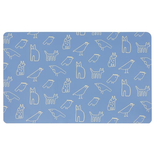 BÖNSYRSA blue recycled yoga mat with white bird and cat patterns.