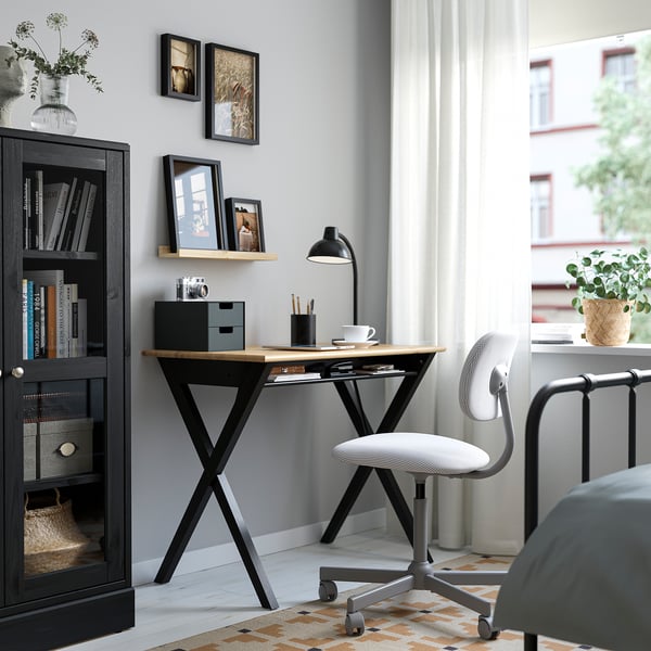 BOLLPOJKE Desk, pine/black, 90x55 cm