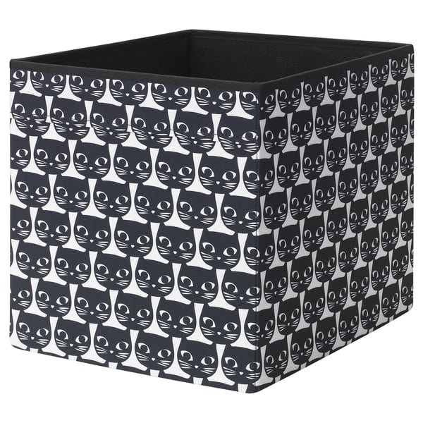 Black & white cat-patterned DRÖNA box for kallax shelves, recycled polyester.
