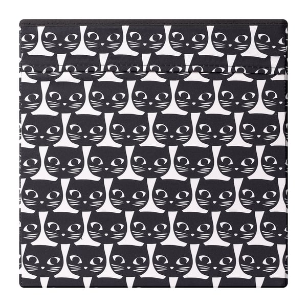 Black and white cat-patterned fabric storage box, well-constructed with sturdy handles, ideal for organised storage.