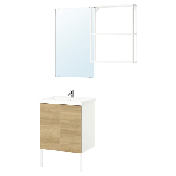 Modern bathroom vanity: white cabinet, wooden doors, wall mirror, chrome faucet.