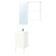 A minimalist white bathroom setup with a sink cabinet, mirror, and wall shelf.
