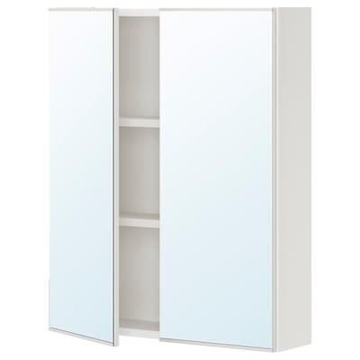 A white ENHET bathroom cabinet with mirrored doors, offering storage and a reflective surface.