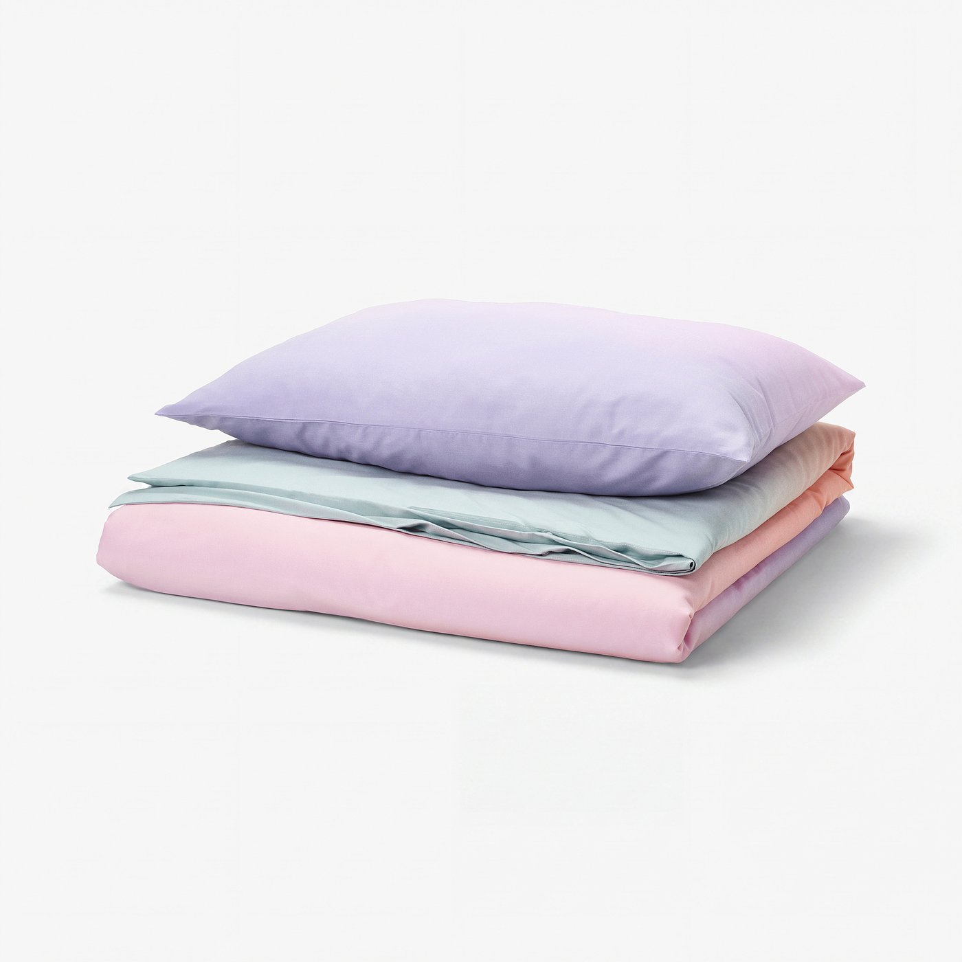 FLÄDERBUSKE duvet set in soft pastel colours: purple, pink, blue. Lightweight, recycled polyester and viscose, wrinkle-free, fading design.