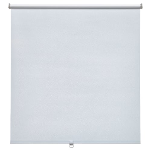 A FÖNSTERBLAD roller blind in light grey. Made of polyester, it blocks out light and a subtle white circle pattern. The cordless design adds safety.