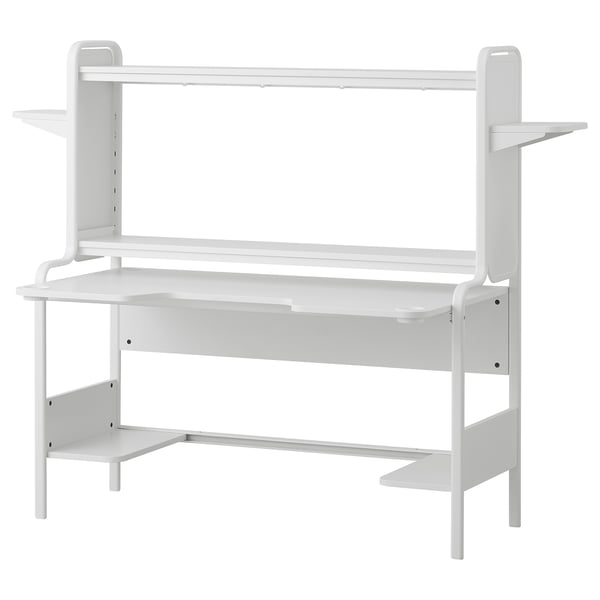 FREDDE white gaming desk, steel and particleboard, contoured top, adjustable shelves, cable management.