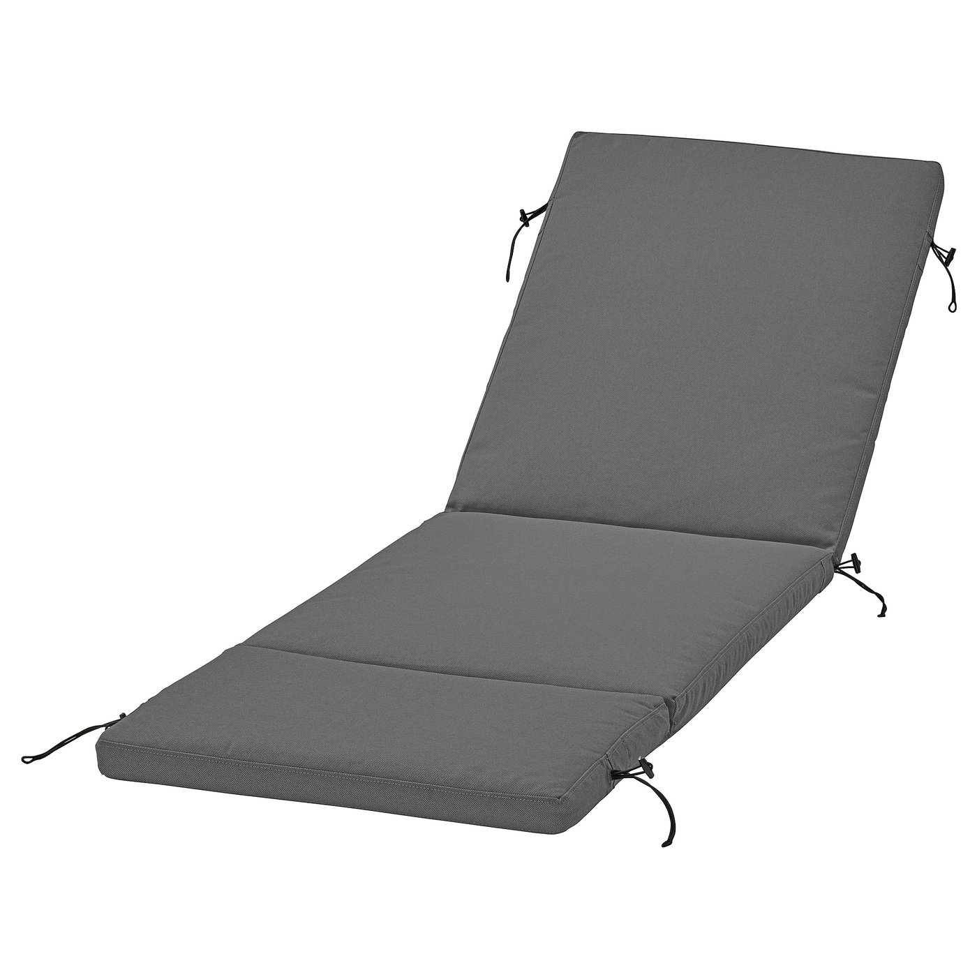 Grey outdoor lounge cushion, rectangular with ties, made from recycled materials.