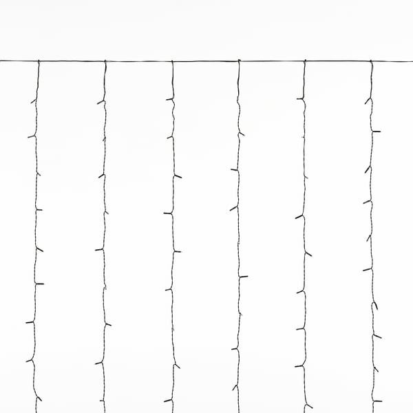 White string lights hung vertically, evenly spaced, creating uniform bright points. Ideal for outdoor parties.