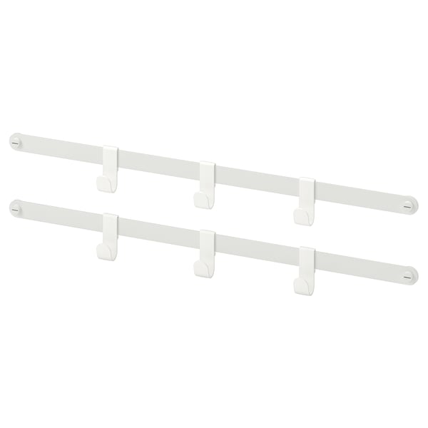 Two white metal hanging rails with hooks.