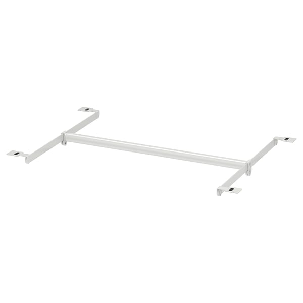 This image a white HJÄLPA adjustable clothes rail, made of steel with powder coating, forming a u-shape for organising and hanging clothes.