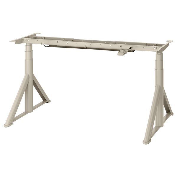 Adjustable beige IDÅSEN desk base with triangle legs, 63-127 cm height, handle for easy adjustment.