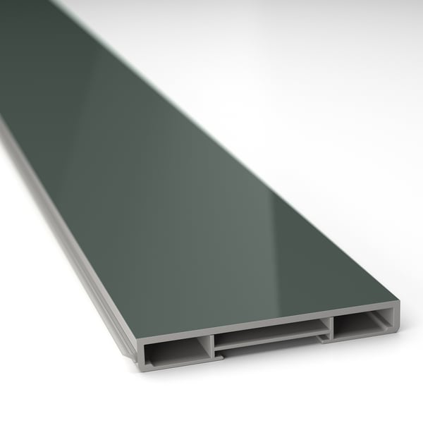 Sleek, high-gloss grey-green kitchen plinth, seamlessly covering cabinet-floor gap.