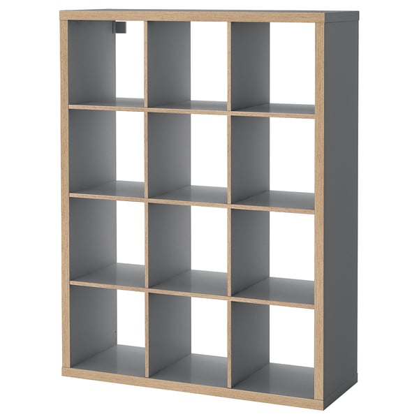 KALLAX grey cube storage unit, modern mineral effect, wooden edges, 3x3 grid design.