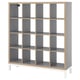 KALLAX bookshelf, grey and wooden trim, boxy shape, modular design.