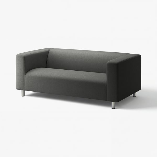 KLIPPAN grey sofa, modern, minimalist, boxy shape with metal legs.