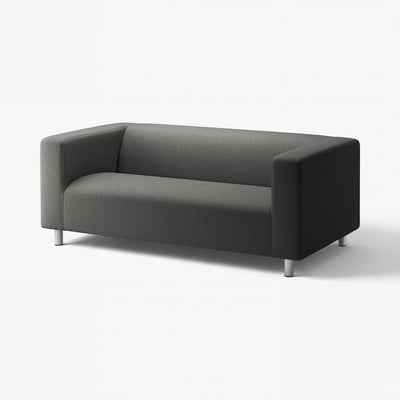 KLIPPAN grey sofa, modern, minimalist, boxy shape with metal legs.