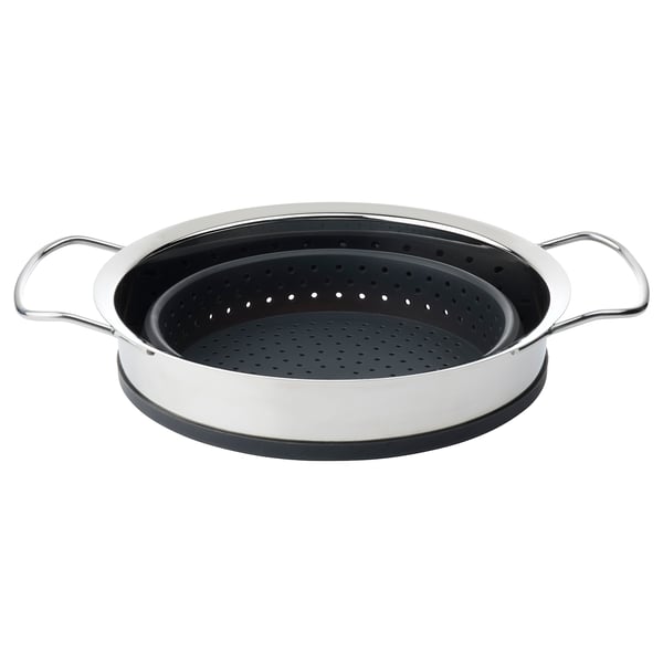 KLOCKREN colander, silver and black, metal and silicone, round with handles, folding design.