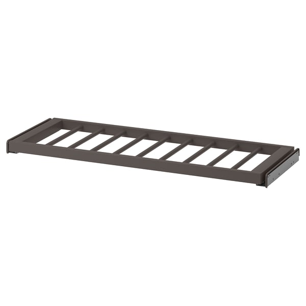 Grey trouser hanger with steel & fiberboard slats.