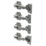 Four KOMPLEMENT metal hinges with nickel-plated steel in a vertical layout, featuring integrated dampers for slow closure.