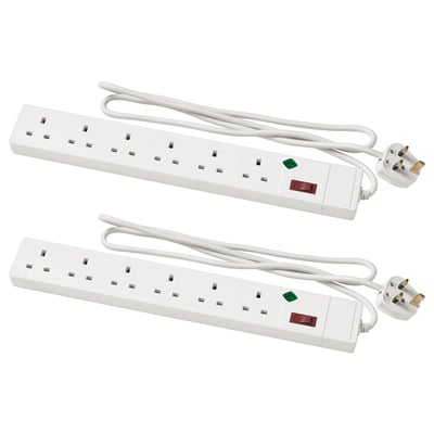 Two white KOPPLA power strips, each with six sockets and an on/off switch, placed side by side on a white background.