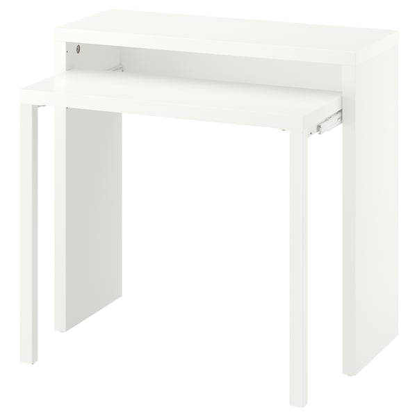 LÄNGDHOPP: a compact, white pull-out desk with a smooth glide mechanism. Ideal for small spaces, it extends for use and tucks away neatly.