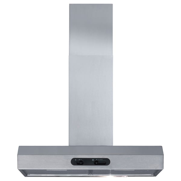 Stainless steel wall-mounted range hood, rectangular shape, modern design for kitchen venting.