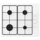 A white gas stove with four burners, black knobs, and electronic ignition.