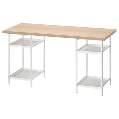 LAGKAPTEN work table: light wood top, white metal legs with mesh shelves.