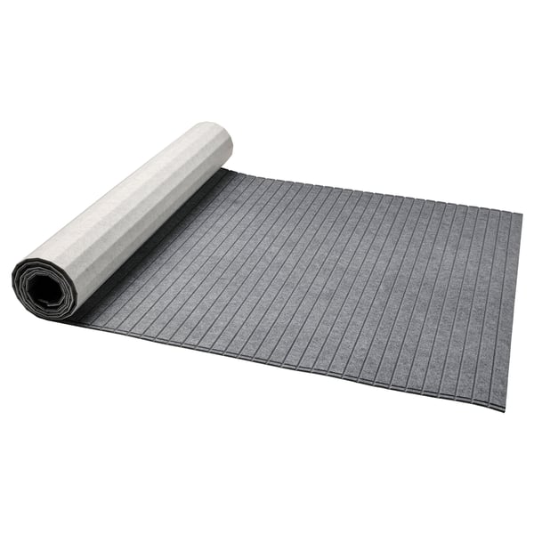 Rolled grey felt panel for diy sliding doors, textured with horizontal lines.