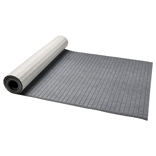 Rolled grey felt panel for diy sliding doors, textured with horizontal lines.