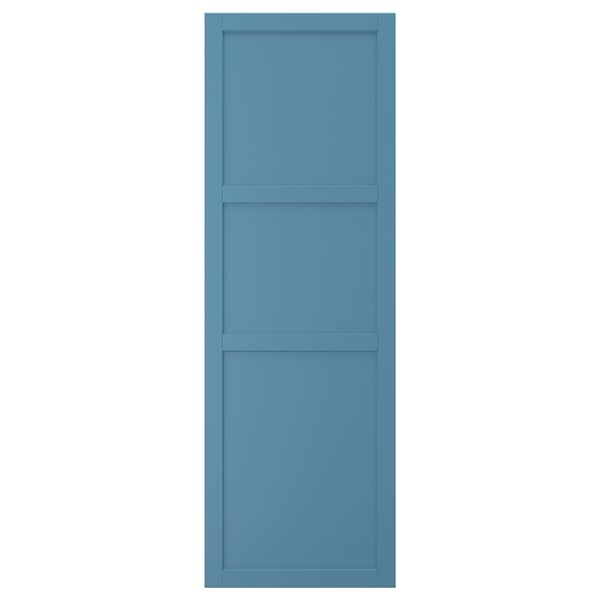 A blue LERHYTTAN door featuring a traditional solid wood frame with bevelled edges and an inset veneer panel.