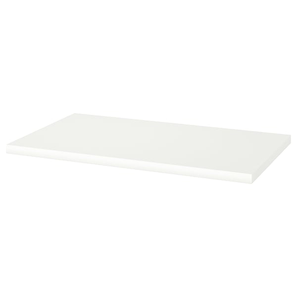 Flat LINNMON white shelf, rectangular, no support, plain design. White fiberboard material.