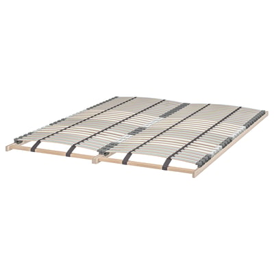 A wooden LÖNSET slatted bed base with light-colored veneer and curved slats for comfort and support.