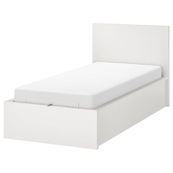 A white MALM bed with a headboard, featuring storage and a slatted base.