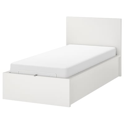 A white MALM bed with a headboard, featuring storage and a slatted base.