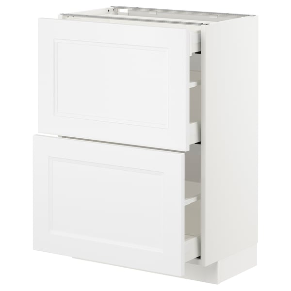 White METOD kitchen cabinet with two open drawers, sleek modern design.