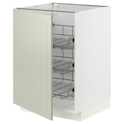 METOD kitchen cabinet in green with pull-out wire shelves.