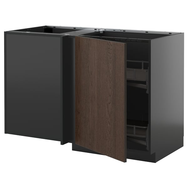 A dark gray ikea METOD kitchen corner cabinet with a dark brown wood-veneer door. The door is open, revealing a pull-out shelf inside.