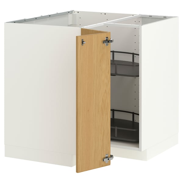 METOD Corner base cabinet with carousel, white/Sinarp oak veneer, 88x88 cm