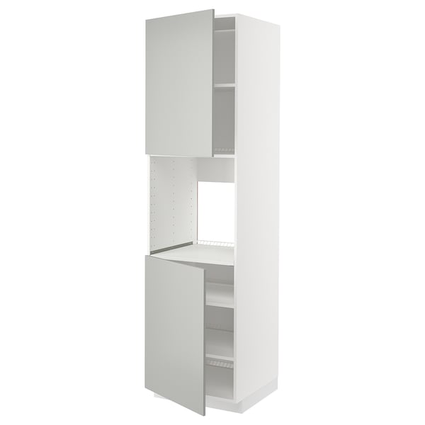 METOD kitchen set: white cabinets with light grey doors, one open.