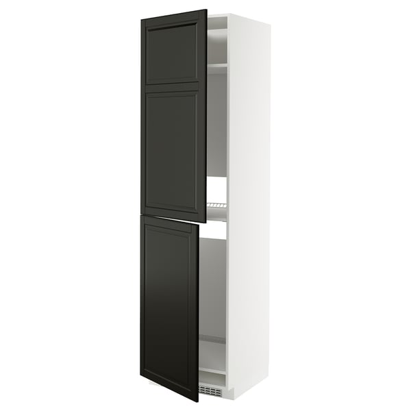 METOD tall white cabinet, black doors, bevelled edges, three shelves.