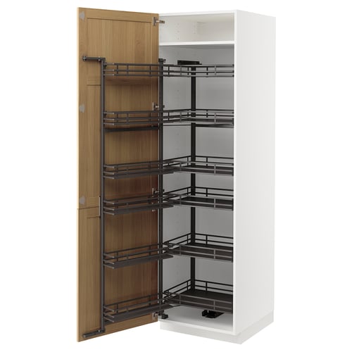 A tall white kitchen cabinet with oak doors and black pull-out shelves. Its part of the METOD system featuring organized storage.