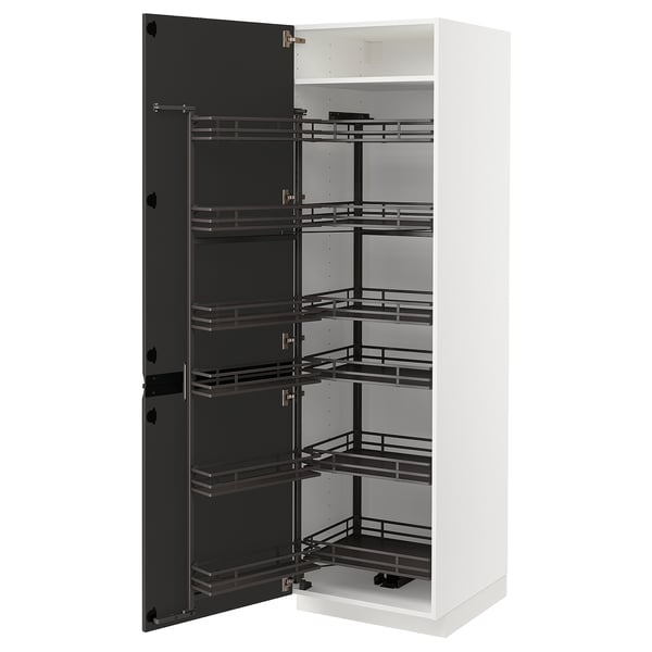 A white METOD kitchen cabinet with a black pull-out larder in a modern, minimalist design.