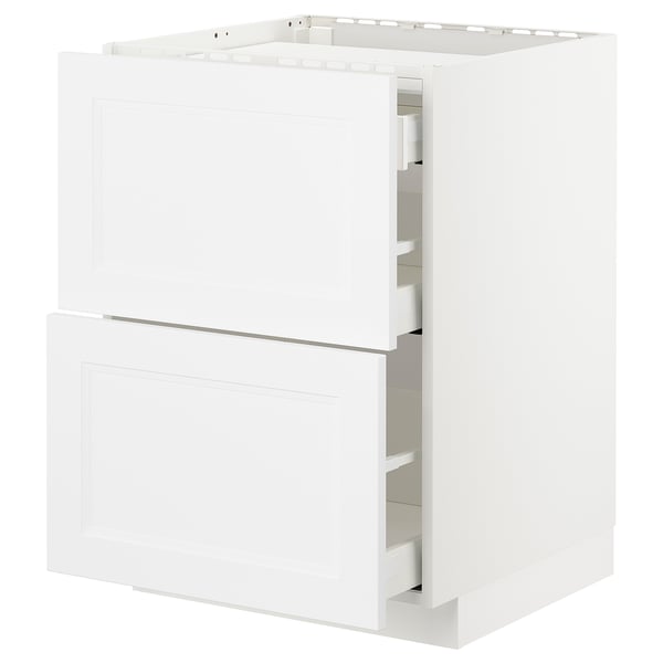 White METOD kitchen cabinet with three drawers and wooden construction.