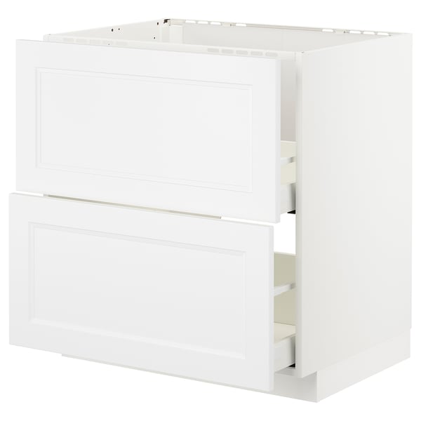 All-white METOD kitchen cabinet with two drawers, sleek design, durable fiberboard and steel construction.