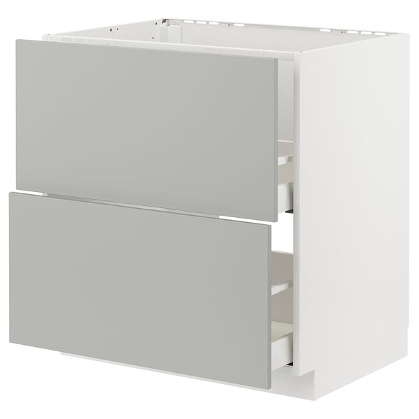 White and grey modern kitchen cabinet with two drawers, rectangular shape, sleek design.