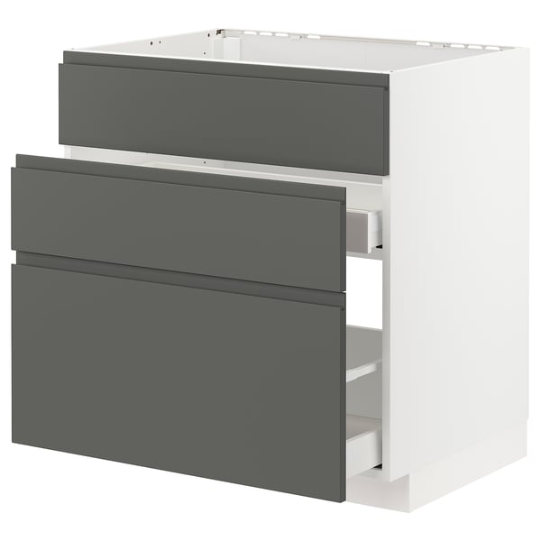 Modern kitchen cabinet with 3 dark grey drawers and white base, sleek minimalist design.
