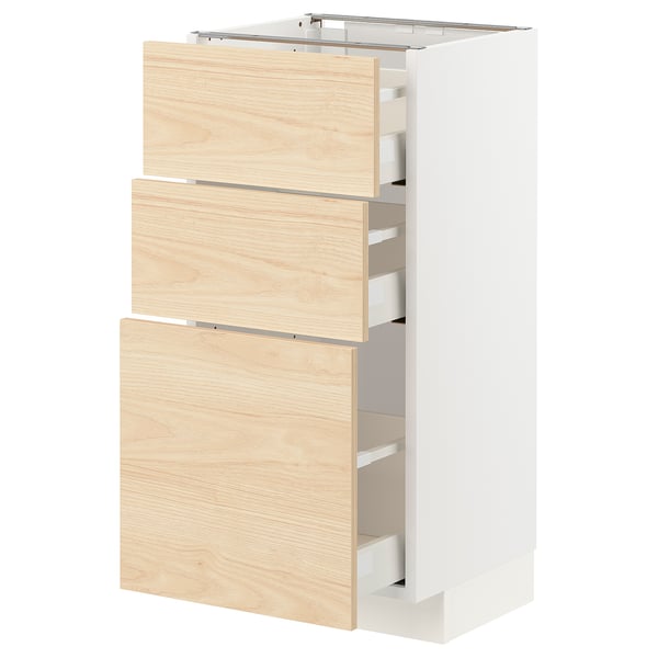 METOD kitchen unit with light ash drawers and white cabinet, 3 drawer design.